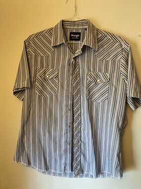Wrangler Men’s Short Sleeve Striped Button-Down Shirt - Blue & White